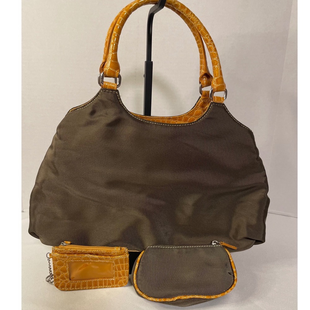 🟠 Croft & Barrow Hobo Bag Brown Nylon Mustard‎ Croc Trim 3pc Set Shoulder Y2K